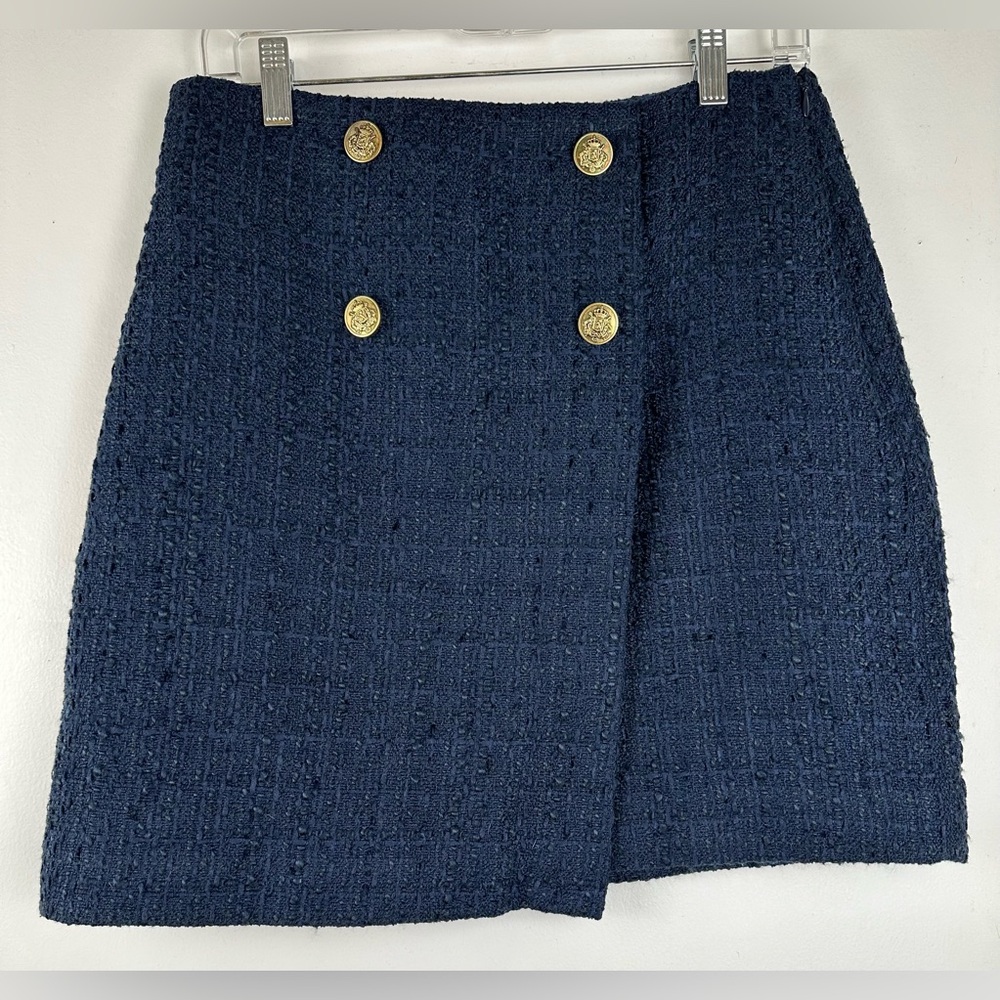 LOFT Size 4 Navy Tweed Mini Skirt Lined Gold Button Front Wrap Style Classic